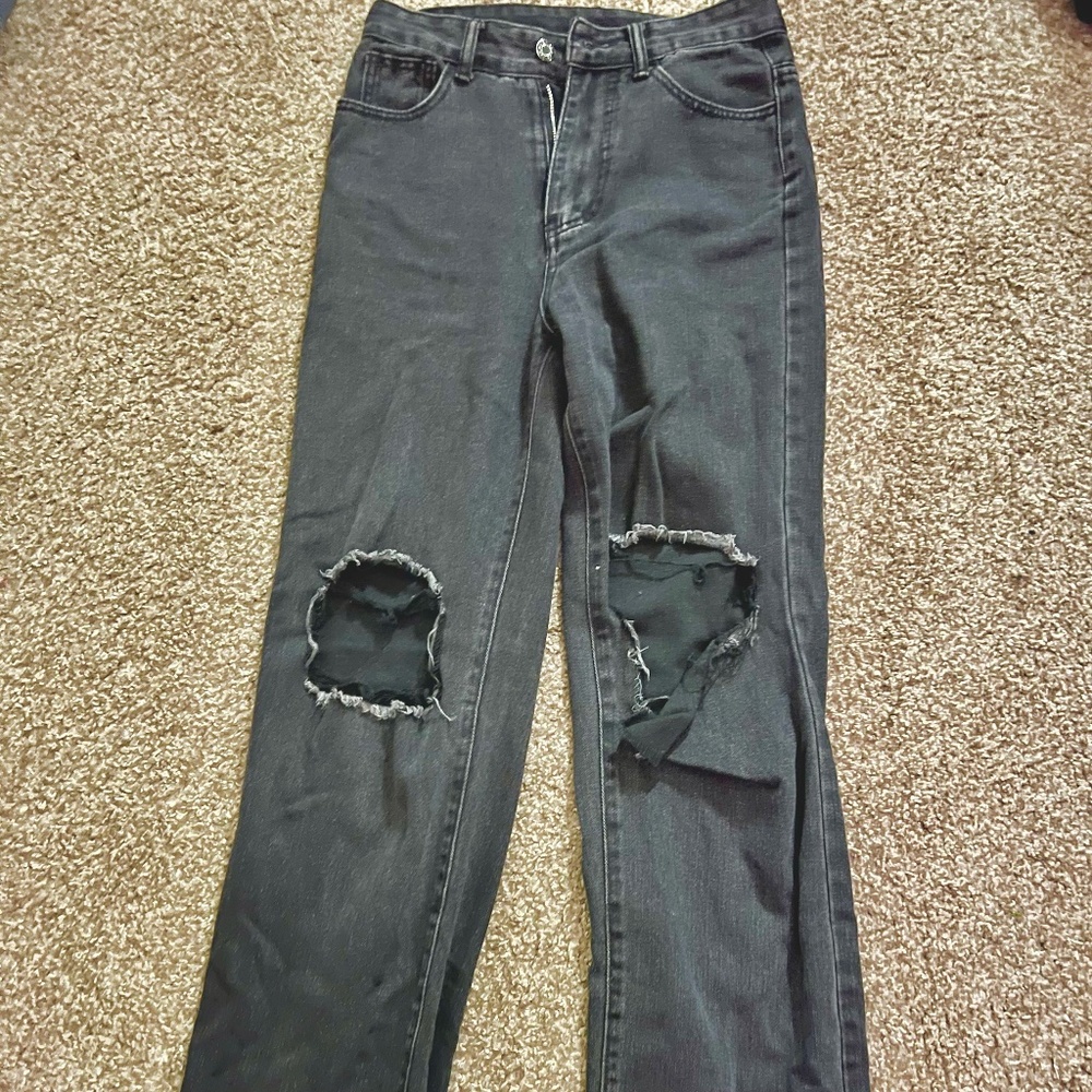 Black Distressed Ripped Straight Leg Jeans